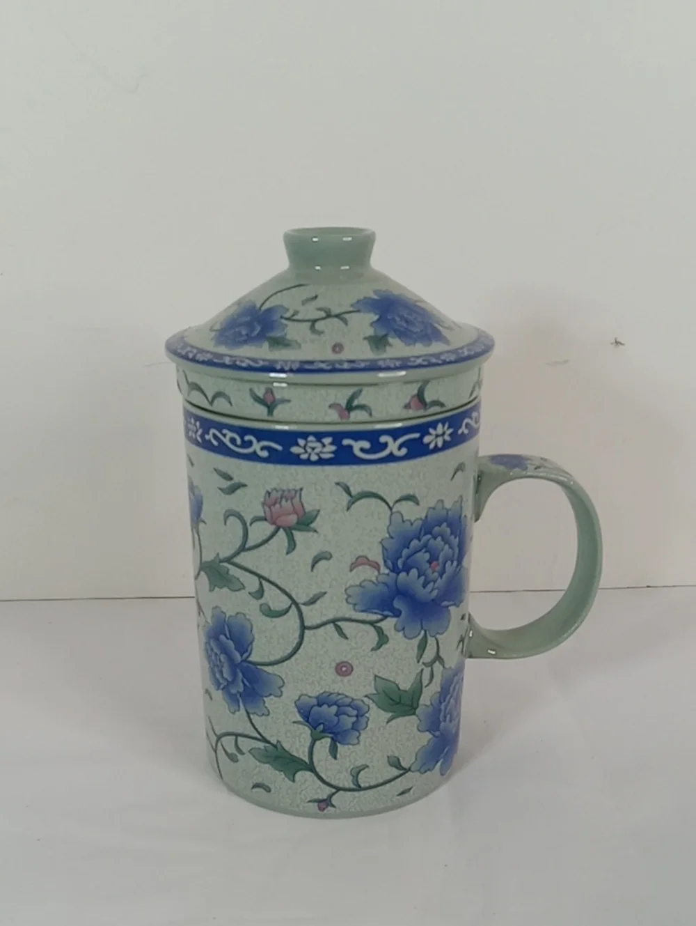 3 Piece Asian Ceramic Tea Infuser Mug Green Blue Floral Pattern